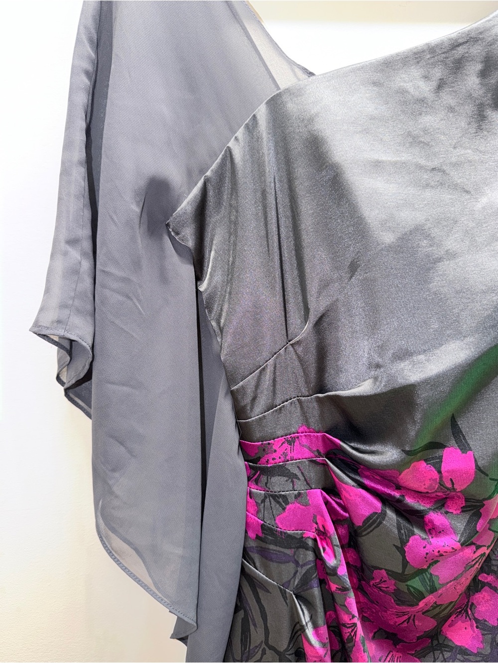 Le Chateau One-Shoulder Charcoal Dress with Pink Floral Print π - Picture 3 of 7